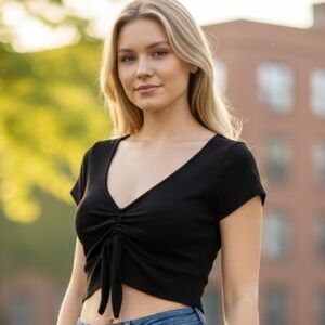 #316 Garage Black Ruched V-Neck Crop Top